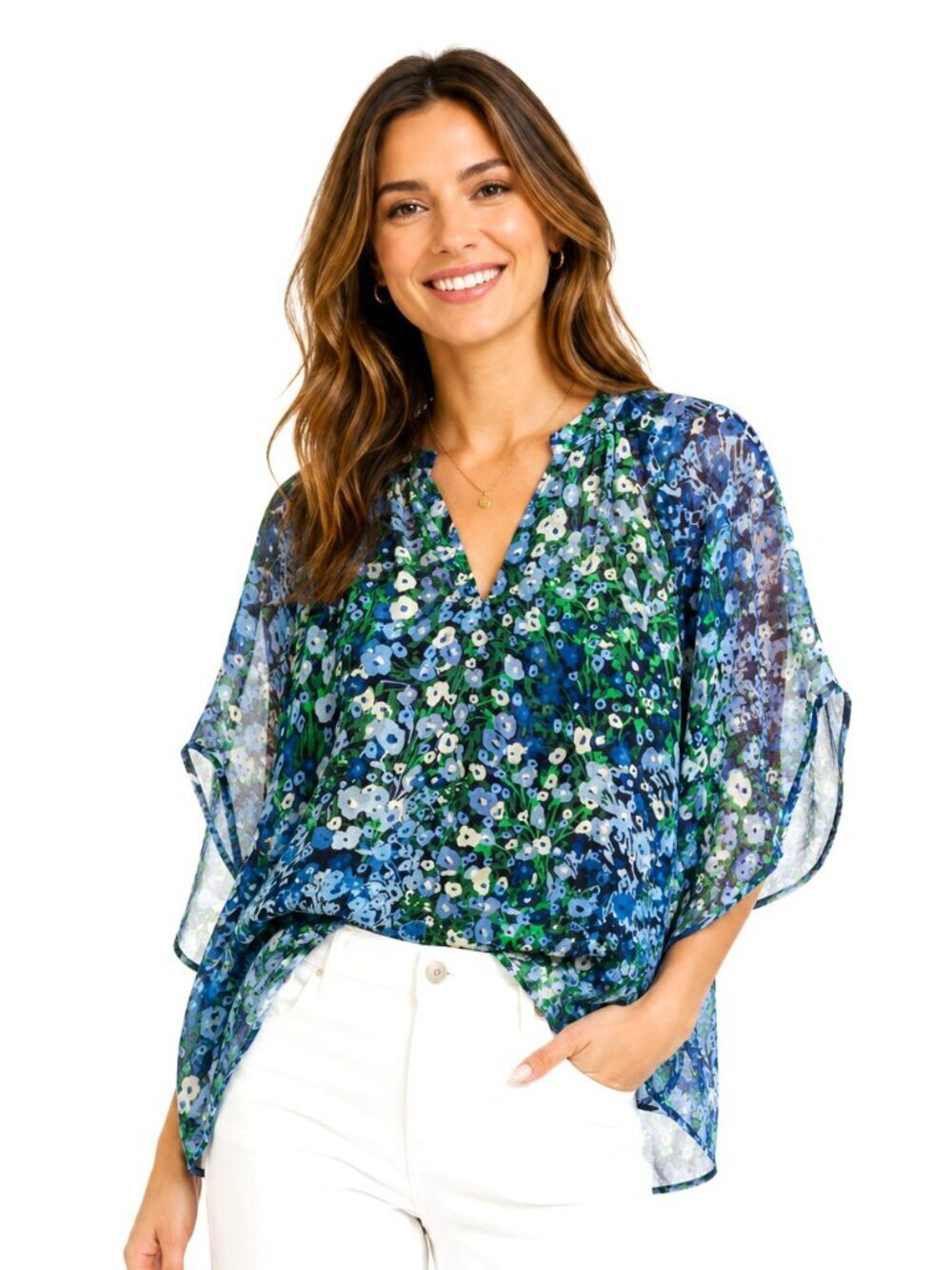 Anthropologie Fei Blue Green Floral Sheer Silk Top